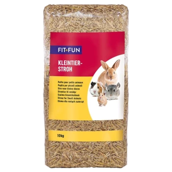 Un sac de 10 kg de FIT+FUN Kleintier-Stroh (paille pour petits animaux) présentant des images d'un lapin, d'un cochon d'Inde, d'un hamster et d'un chinchilla, avec un texte multilingue.