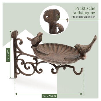 Dekorativer wandmontierter Vogelhäuschen mit zwei Vogelskulpturen, Maße ca. 21 cm Höhe und 27,5 cm Breite.