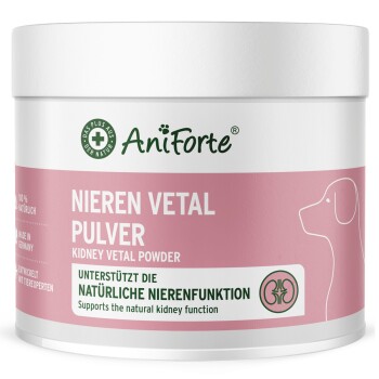 AniForte Nieren Vetal Pulver, Nierenpulver, rosa Etikett mit Hundesilhouette; sichtbarer Text 'Unterstützt die natürliche Nierenfunktion'.