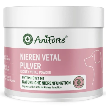 AniForte Nieren Vetal Pulver, Nierenpulver, rosa Etikett mit Hundesilhouette; sichtbarer Text 'Unterstützt die natürliche Nierenfunktion'.