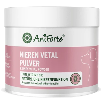 AniForte Nieren Vetal Pulver, Nierenpulver, rosa Etikett mit Hundesilhouette; sichtbarer Text 'Unterstützt die natürliche Nierenfunktion'.