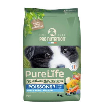 Grüne Pro-Nutrition PureLife Welpenfutter-Tüte mit Welpenfoto, 'Poissons / with fish', Puppy Mini/Medium, 2 kg.