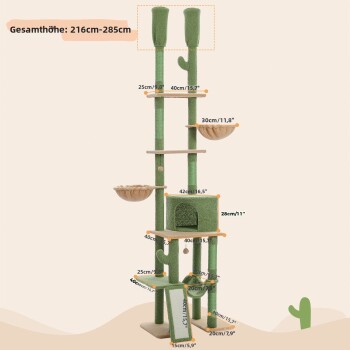 Katzenbaum mit einer Gesamthöhe von 85,1"-112,2", mit mehreren Ebenen, Kratzpfosten und gemütlichen Schalen.