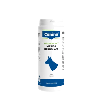 Weiße Flasche mit der Aufschrift ‚Canina Kräuter-Doc Niere & Harnblase‘, blaue Hundesilhouette, zeigt ‚Für Hunde‘ und ‚100% Natur‘.