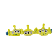 Three lime-green, three-eyed alien plush pet toys with antennae, floppy ears and blue tassels on black background.