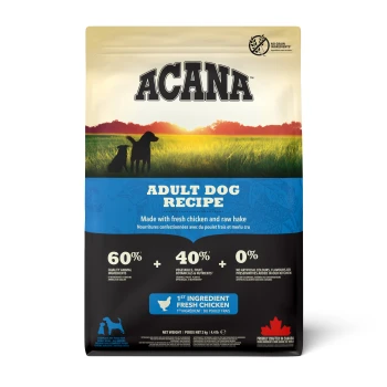 ACANA Adult Dog Recipe Hundefutterbeutel mit zwei Hunden, die gegen einen Sonnenuntergang silhouettiert sind, mit Text, der Zutaten und Nährwertinformationen hervorhebt.