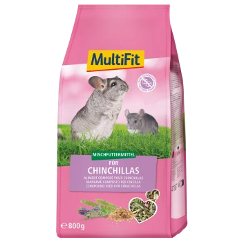 Rosa MultiFit-Chinchillafuttertüte mit der Aufschrift 'Mischfuttermittel für CHINCHILLAS', 800 g, zeigt Chinchillas und die Futtermischung.