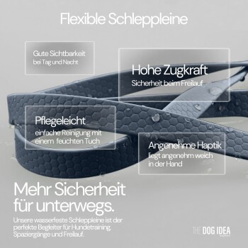 Flexible Hundeleine in Grau mit Wassertropfen, mit Text-Hervorhebungen zu Sichtbarkeit, Stärke, einfacher Reinigung und Komfort.