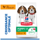 Sachet Hill's Science Plan Puppy <1 Medium au poulet, images de deux chiots et étiquette «5 avantages essentiels».