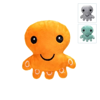 Plüsch-Oktopus Haustierspielzeug mit lächelndem Gesicht, erhältlich in Orange, Grau und Türkis.