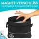 Eine Hand greift nach dem Reißverschluss einer schwarzen Leckerli-Tasche mit "MAGNET-VERSCHLUSS INNOVATIVE EINHAND-ÖFFNUNG" darüber.