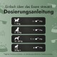 Dosierungshinweise für Hundefutter: 1-5 kg: 1/2 Löffel/Tag, 5-15 kg: 1 Löffel/Tag, 15-25 kg: 1/2 Löffel/Tag, 25 kg+: 2 Löffel/Tag.