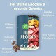 Behälter für Haustierergänzungen mit der Aufschrift 'JUMP AROUND' zur Gelenkpflege bei Hunden, mit Zutaten wie Kollagen, Algen und 70 % irischem Wild.