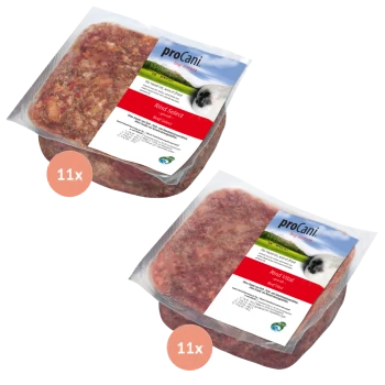 Zwei Packungen proCani Hundefutter, mit der Aufschrift 'Rind Select' und 'Rind Vital', die Rindfleischzutaten enthalten, jeweils mit '11x' gekennzeichnet.