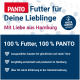 PANTO Hundefutter-Werbung mit "Futter für Deine Lieblinge," hebt 100% Qualitätszutaten und über 30 Jahre Erfahrung aus Hamburg hervor.