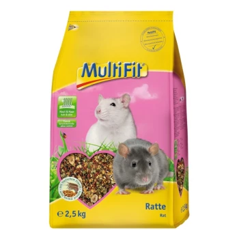 Eine bunte Tüte MultiFit Rattenfutter, mit einer weißen Ratte und einer grauen Ratte auf einem rosa Hintergrund, mit einem herzförmigen Fenster, das das Futter im Inneren zeigt.