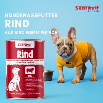 Dosen Supravit Rind Nassfutter für Hunde mit braunem Hund und deutschem Text, der natürliche, getreidefreie, vitaminreiche Qualität hervorhebt.