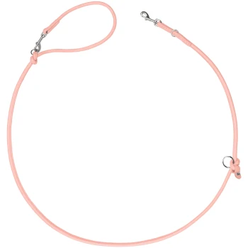 Hellrosa verstellbare Schlupfleine mit Metallkarabiner und O-Ringen, aufgerollt vor weißem Hintergrund dargestellt.