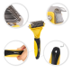Tierpflegewerkzeug mit einem gelb-schwarzen Griff, mit Nahaufnahmen der Klinge aus rostfreiem Stahl und ergonomischem Griff.