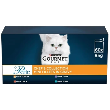 Purina Gourmet Perle Chef's Collection Mini Fillets in Gravy box featuring a white cat, with flavors: turkey, duck, lamb, and tuna.