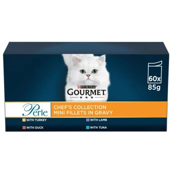 Purina Gourmet Perle Chef's Collection Mini Fillets in Gravy box featuring a white cat, with flavors: turkey, duck, lamb, and tuna.