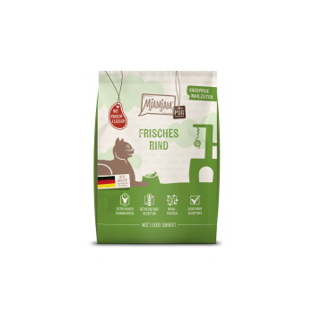 Grün-weiße Mjamjam Pur Katzenfuttertüte mit der Aufschrift „Frisches Rind“, Katzen-Icon, Badge „Mit Frisch-Fleisch“ und deutscher Flagge