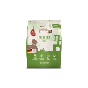 Grün-weiße Mjamjam Pur Katzenfuttertüte mit der Aufschrift „Frisches Rind“, Katzen-Icon, Badge „Mit Frisch-Fleisch“ und deutscher Flagge