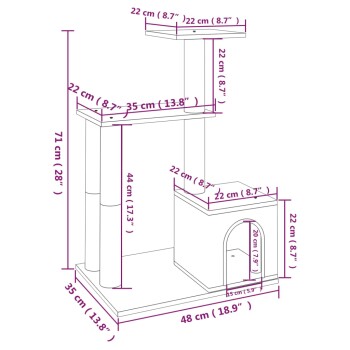 Illustration der Abmessungen eines Katzenbaums mit beschrifteten Maßen: Höhe 71 cm (28"), Breite 48 cm (18,9"), Tiefe 35 cm (13,8").