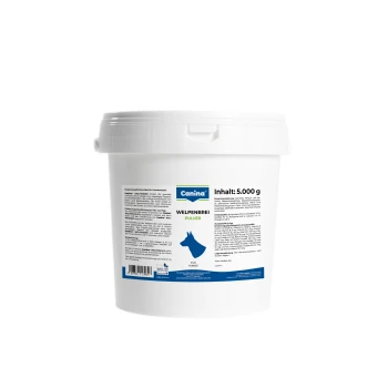 Weißer Eimer mit Canina Welpenbrei-Pulver für Welpen, 5000g, mit Nährwertangaben und Fütterungshinweisen auf dem Etikett.