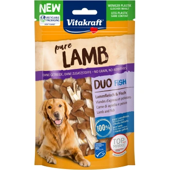 Verpackung von Vitakraft Pure Lamb Hundeleckerlis mit einem Golden Retriever, mit den Aufschriften "NEU" und "100%" sowie dem Text "Duo Fish".