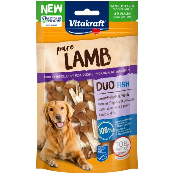 Verpackung von Vitakraft Pure Lamb Hundeleckerlis mit einem Golden Retriever, mit den Aufschriften "NEU" und "100%" sowie dem Text "Duo Fish".