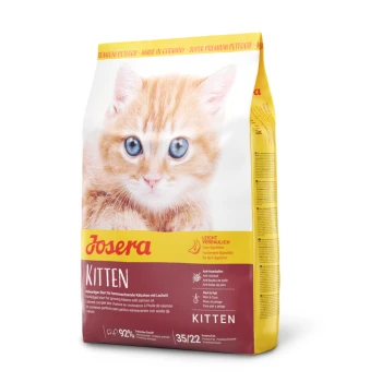Josera Kitten Katzenfutterbeutel mit einer Nahaufnahme eines orangefarbenen Kätzchens, mit "Einfach verdaulich" und "Lachsöl für wachsende Kätzchen."