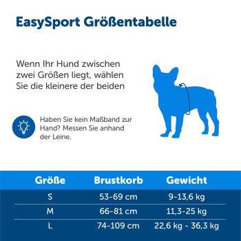Größentabelle für Hunde von EasySport mit blauer Silhouette: S (53-69 cm, 9-13,6 kg), M (66-81 cm, 11,3-25 kg), L (74-109 cm, 22,6-36,3 kg).