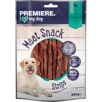 Premiere I love my dog Meat Snack Strips, 250g package featuring duck meat, with a 95% meat content label and a playful dog graphic.