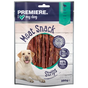 Premiere I love my dog Fleischsnackstreifen, 250g Packung mit Entenfleisch, mit einem Etikett über 95% Fleischgehalt und einer verspielten Hundegrafik.