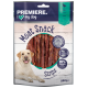Premiere I love my dog Fleischsnackstreifen, 250g Packung mit Entenfleisch, mit einem Etikett über 95% Fleischgehalt und einer verspielten Hundegrafik.