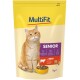 MultiFit Senior Katzenfutterbeutel mit einer orangefarbenen Tabbykatze, Futterschüssel und "mit Rind" (mit Rindfleisch), das die ernährungsphysiologischen Vorteile hervorhebt.
