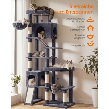 Grauer mehrstöckiger Kratzbaum mit mehreren entspannten Katzen und Pflanzen; orangefarbener deutscher Text: „6 Bereiche zum Entspannen“ sowie eine Funktionsliste.