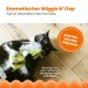 Eine verspielte schwarz-weiße Katze auf dem Rücken mit einem grünen Spielzeug und einer lila Feder. Text: "Dramatischer Wiggle N' Flop" und "Benötigt drei AAA-Batterien."