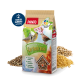 PANTO Premium Gartentraum Vogelfutterbeutel mit bunten Vogelillustrationen und floralen Elementen, beschriftet für die ganzjährige Fütterung.