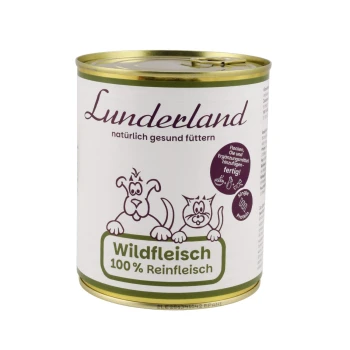 Dose Haustierfutter mit der Aufschrift 'Lunderland Wildfleisch' mit Cartoon-Tieren, die Utensilien halten, und die natürliche und gesunde Ernährung betont.