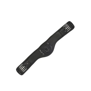 Schwarzer Pferdegurt mit Metall-Schnallen, der ein konturiertes Design für Komfort bietet.