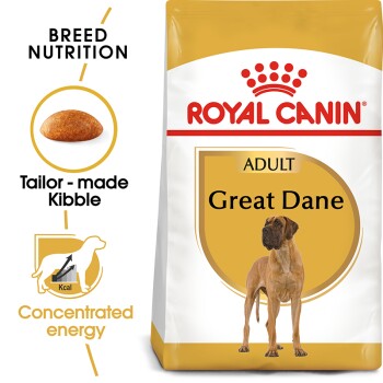 Royal Canin Adult Great Dane dog food bag featuring a Great Dane image, with text highlighting breed nutrition and tailored kibble.