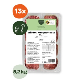 Packung von BARFERS 'Würfel: Komplett‑Mix Pferd mini' rohe Pferdefleisch‑Würfel in Plastikschale, Aufdruck '13x' und '5,2 kg'.