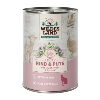 Nourriture en conserve pour chats étiquetée "WILDES LAND" avec du bœuf et de la dinde, avec des canneberges et de l'huile de tournesol, 68% de viande, sans céréales.