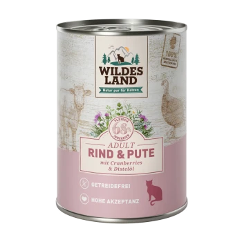 Blikjes kattenvoer met het label 'WILDES LAND' met rundvlees en kalkoen, met veenbessen en zonnebloemolie, 68% vleesinhoud, graanvrij.