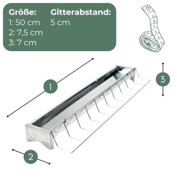Verzinkter Geflügelfuttertrog mit Drahtgitter; deutsche Beschriftungen: 'Größe 1: 50 cm, 2: 7,5 cm, 3: 7 cm' und 'Gitterabstand: 5 cm'