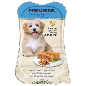 Verpackung für Hundefutter mit einem kleinen Hund, einem Teller mit stückigem Hundefutter und Text, der Zutaten wie Biotin und Omega-Fettsäuren hervorhebt.