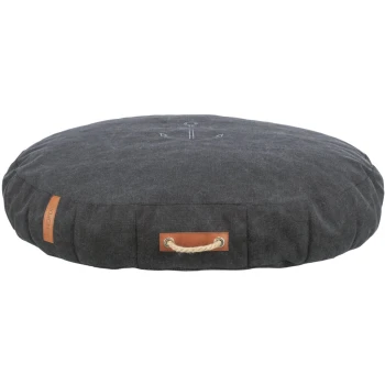 Rundes, dunkelgraues Haustierbett mit einem nautischen Ankerdesign, ausgestattet mit einem Lederschild und einem Seilgriff für einfachen Transport.