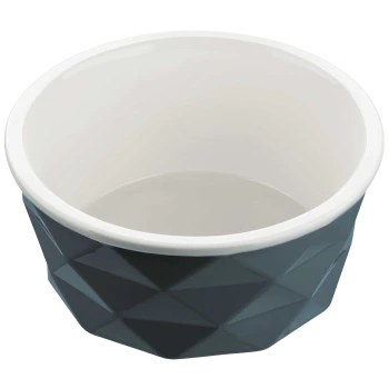 Eine stilvolle Schale für Tierfutter mit einem dunkelblauen geometrischen Äußeren und einem glatten weißen Inneren, entworfen für moderne Tierbesitzer.